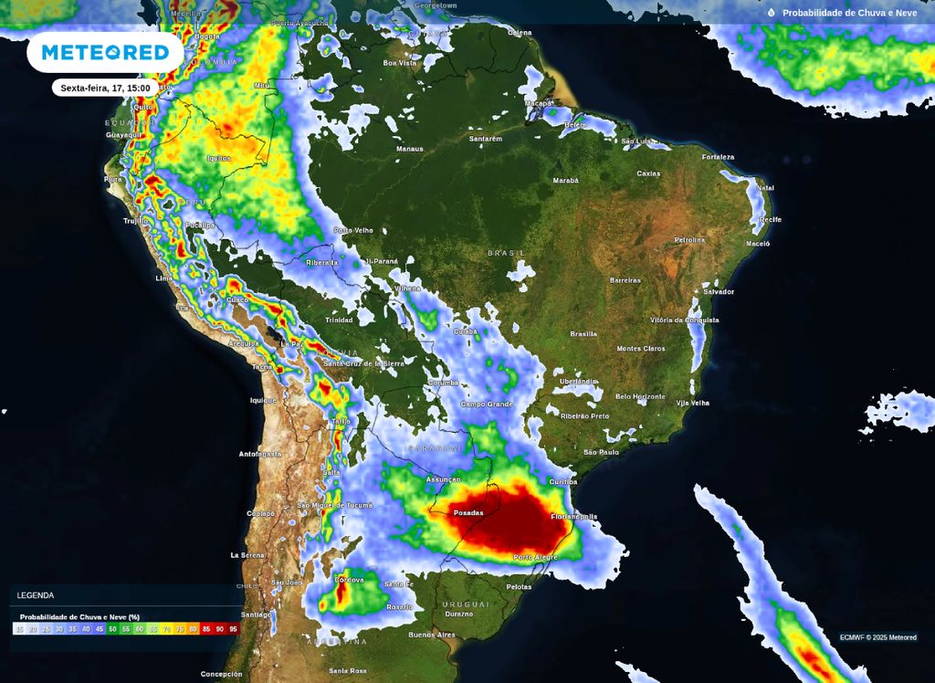Mapa de probabilidade de precipitação sobre o Brasil na tarde desta sexta-feira (17).