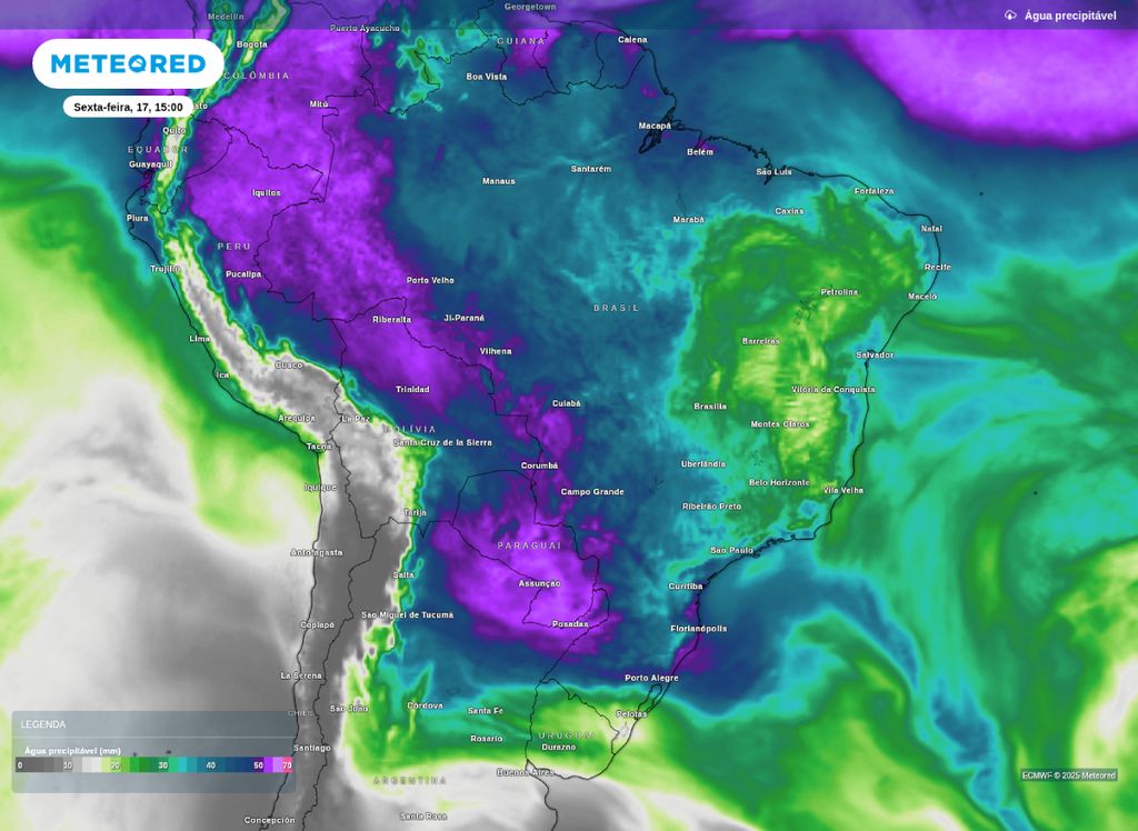 Previsão do volume de água precipitável para a sexta-feira (17).