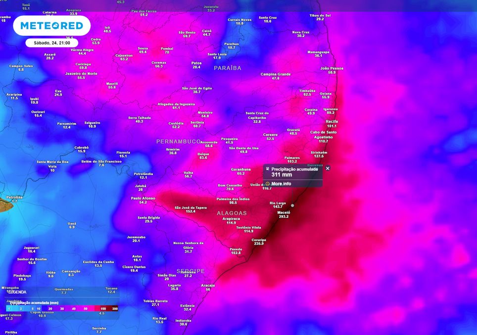 Previsão de acumulados totais previstos até o final do domingo.