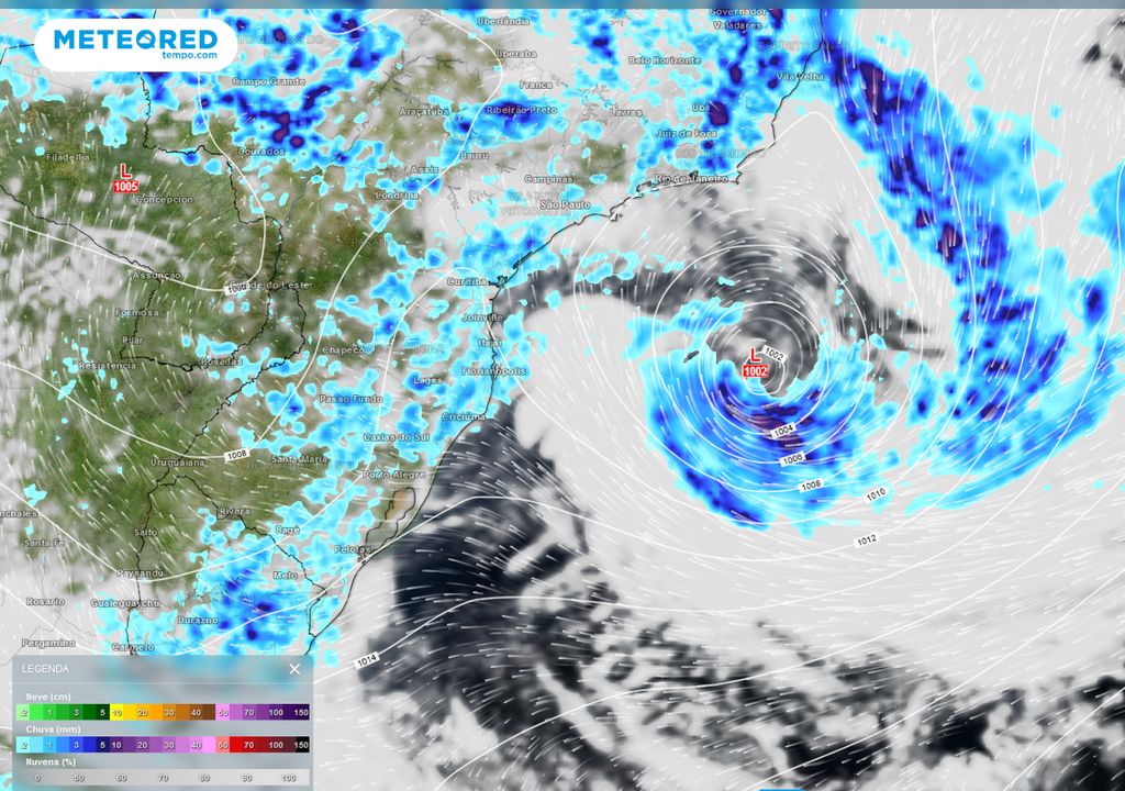 Previsão de nebulosidade e chuva no domingo (18) de tarde, com movimento dos ventos e isóbaras.