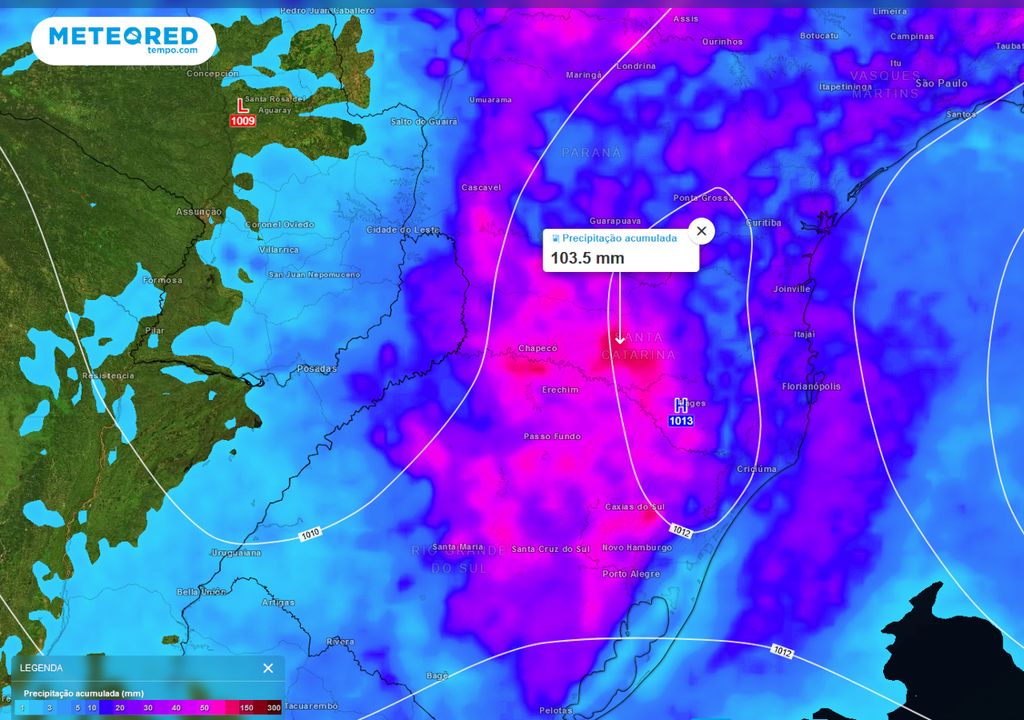 Previsão de acumulados totais de chuva até o domingo (18).