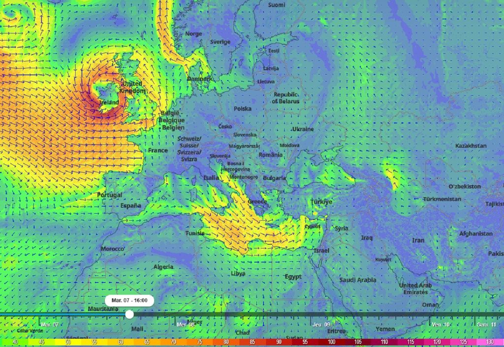 Situation prévue mardi après-midi avec la dépression Barra positionnée sur l'Irlande. Situation prévue mardi après-midi avec la dépression Barra positionnée sur l'Irlande.