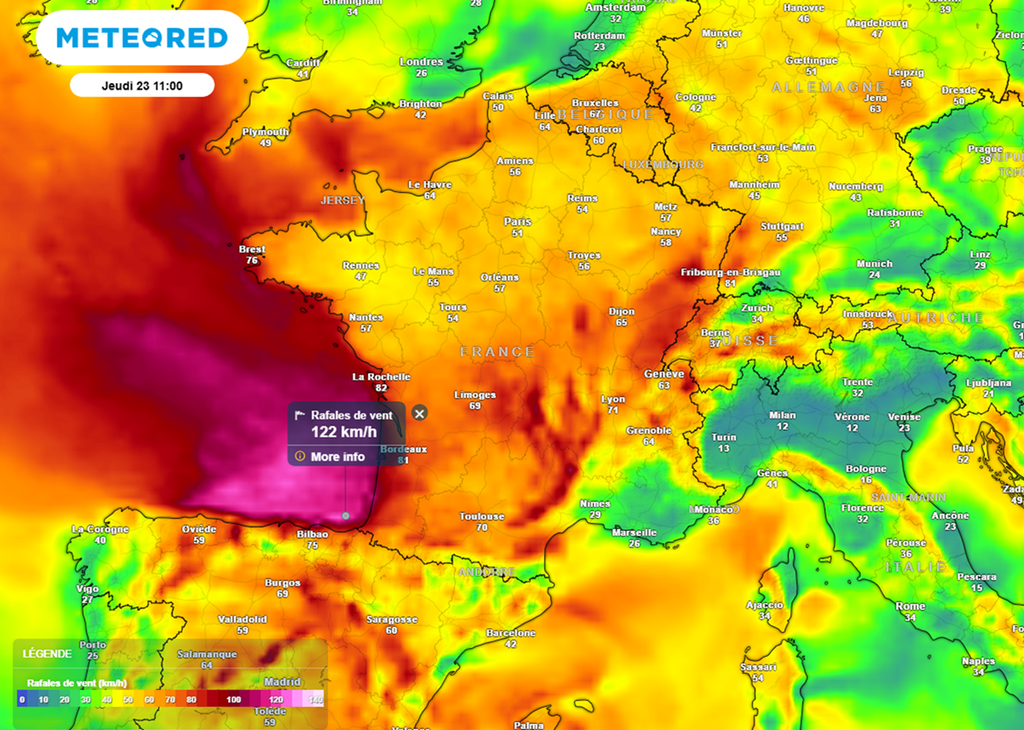 Selon le modèle européen, les plus fortes rafales de vent sont attendue sur la côte atlantique.