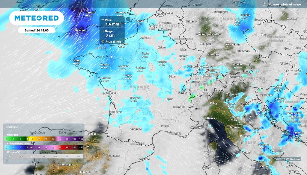 Front chaud samedi après-midi Samedi après-midi, le front chaud issu de la tempête Boelo traversera les deux-tiers Nord du pays, en arrosant surtout le quart Nord-Ouest.