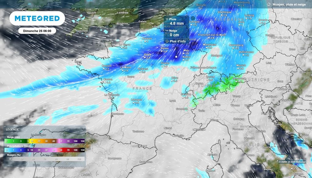 Front froid dimanche Voici la position du front froid dimanche au petit matin, avec un arrosage copieux sur le tiers Nord de la France.