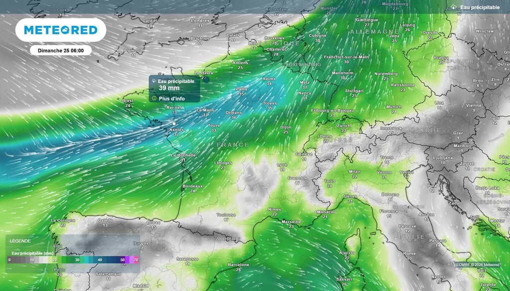 Eau précipitable France dimanche Ce dimanche, une rivière atmosphérique apportera une masse d'air très chargée en eau précipitable, avec un potentiel de 40 mm sur une large partie Nord de la France.