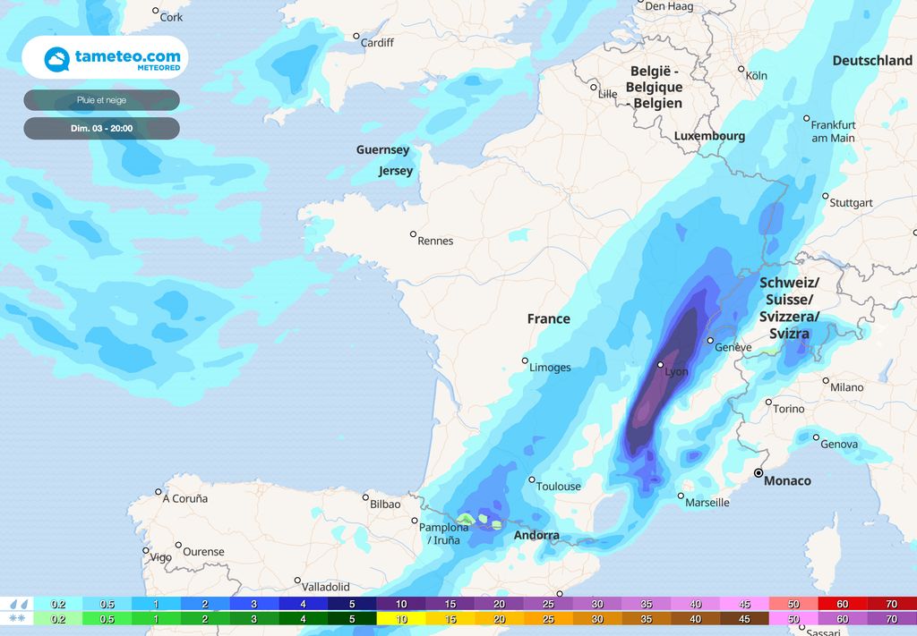 Dimanche 20h - carte des précipitations Dimanche 20h - carte des précipitations
