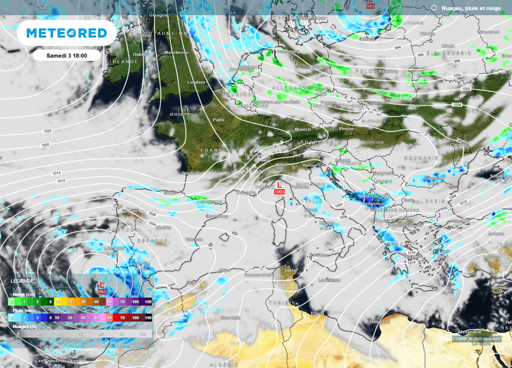 Isobares et précipitations samedi Isobares et précipitations samedi
