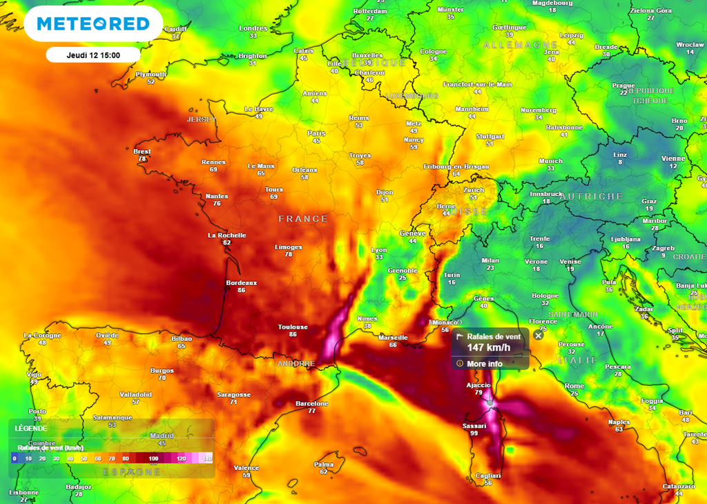 En Corse, les rafales pourront localement dépasser les 150 km/h.