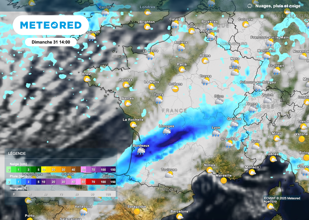 Météo pluvieuse dimanche entre la Nouvelle-Aquitaine et la région Auvergne-Rhône-Alpes.