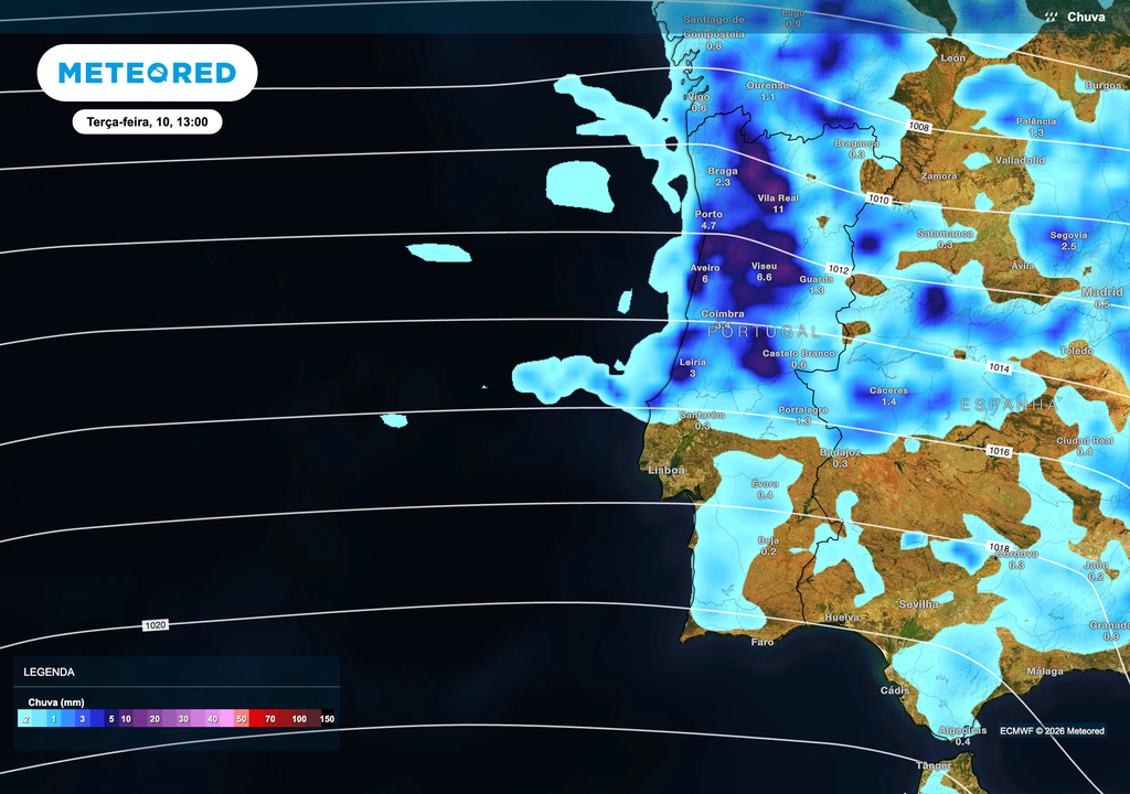 Na terça-feira, 10, a chuva deverá ser mais frequente e intensa no Norte e Centro, com acumulados localmente relevantes.