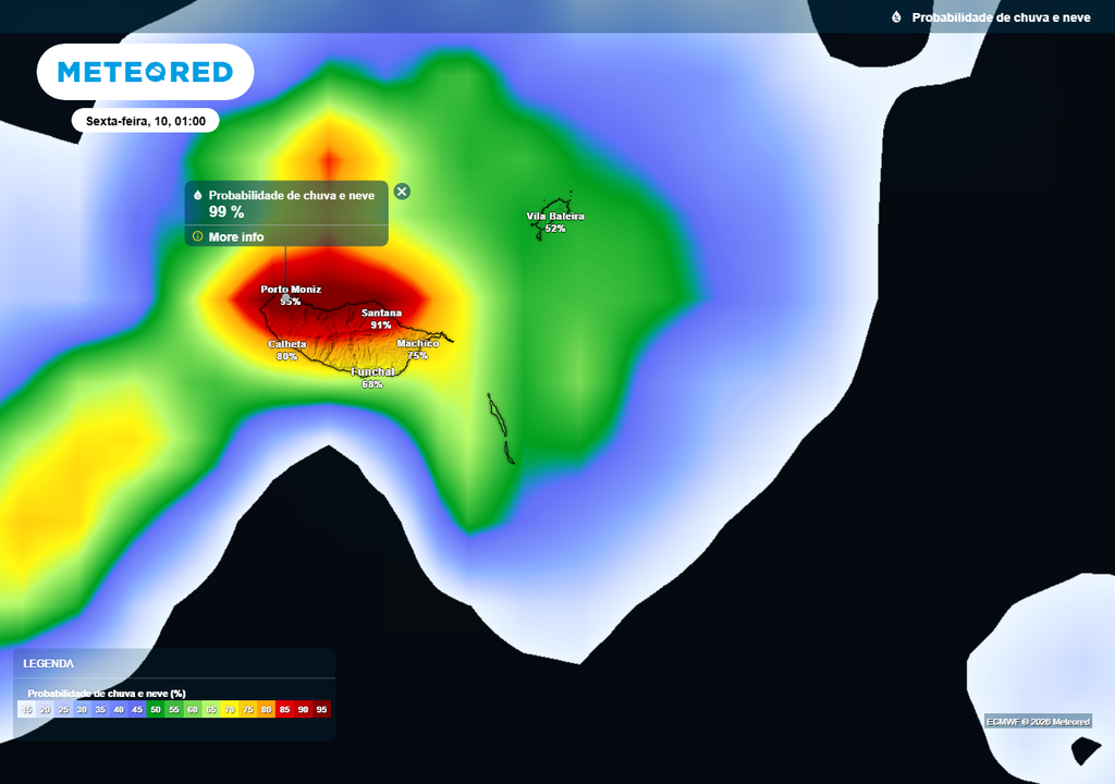 Prevê-se que a madrugada de sexta-feira, 10 de abril, seja um dos períodos onde a probabilidade de chuva no arquipélago da Madeira seja mais elevada (superior a 90%).