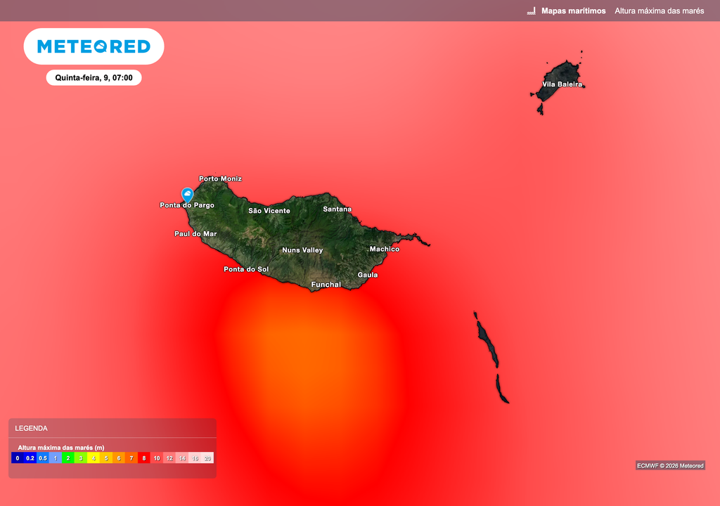 Ondulação muito elevada na Madeira, com alturas significativas que poderão atingir cerca de 10 a 12 metros, sobretudo nas zonas marítimas mais expostas a sul e sudoeste do arquipélago, indicando condições de mar muito agitado e potencialmente perigoso.