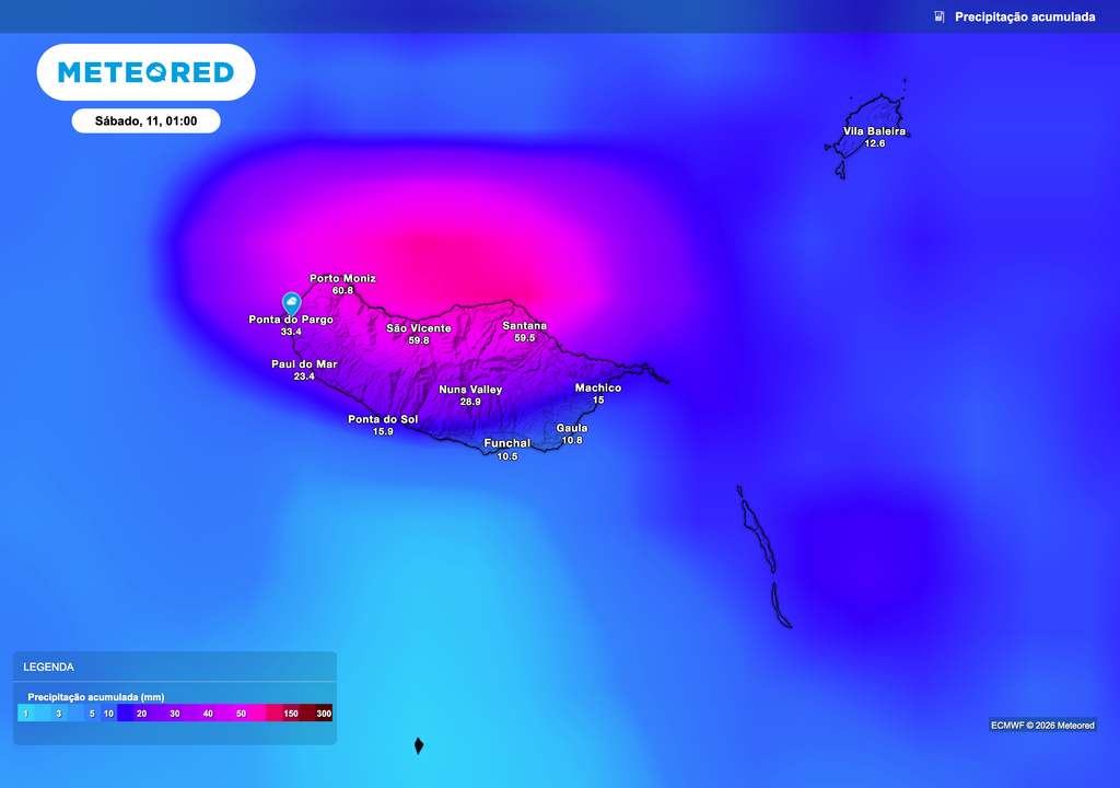 Acumulados de precipitação mais elevados na vertente norte e zonas montanhosas da Madeira, podendo ultrapassar localmente os 50 a 60 mm, refletindo o efeito orográfico e a persistência do fluxo húmido associado à depressão.