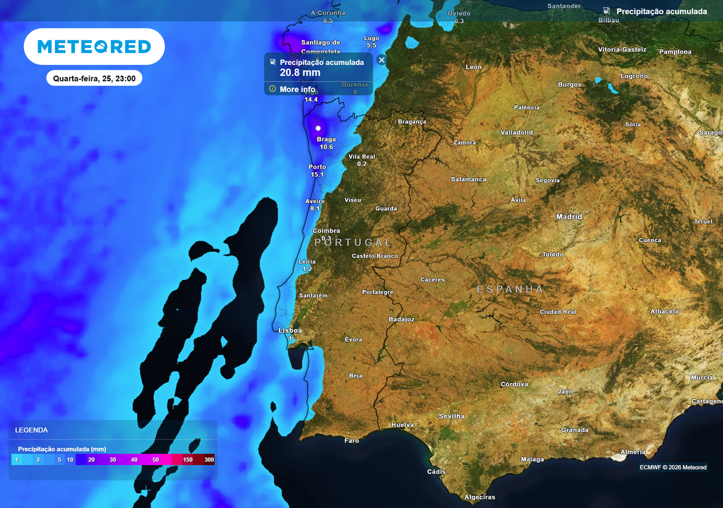 Até ao final do dia de quarta-feira, o noroeste poderá registar a maior valor de acumulação de precipitação.