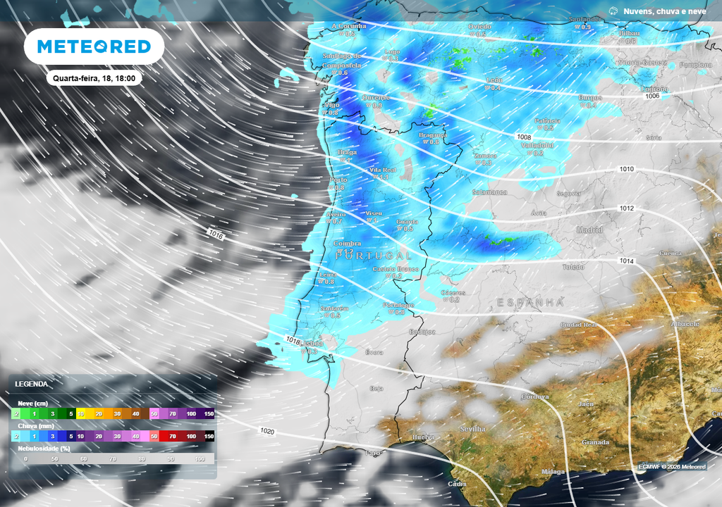 Um sistema frontal mais ativo do que o anterior despejará chuva no território continental ao atravessá-lo de noroeste para sudeste na próxima quarta-feira, 18 de fevereiro.
