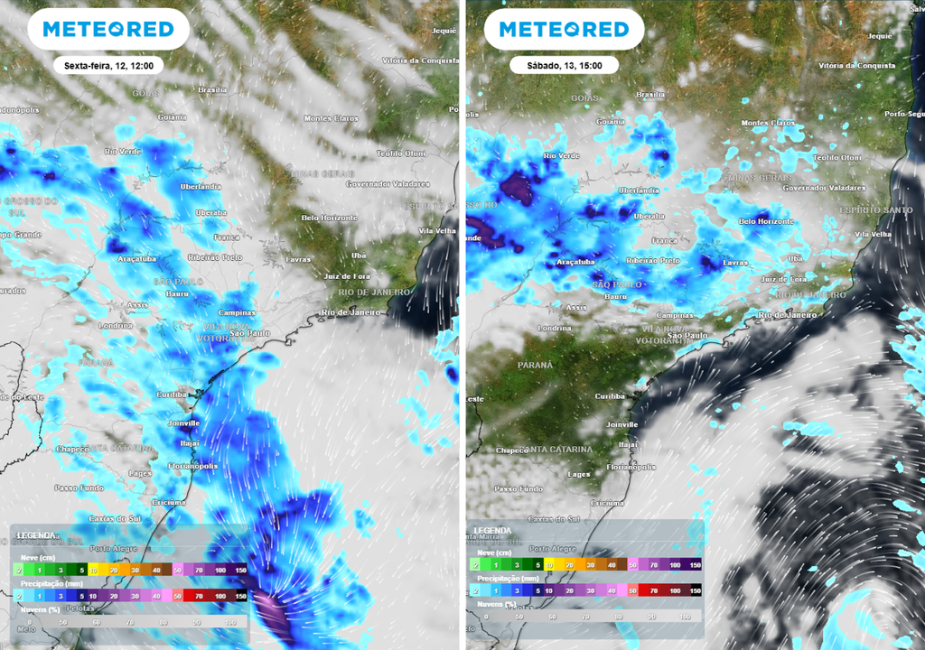 Previsão de precipitação (em mm) e nebulosidade para sexta-feira (12) às 12h à esquerda e para sábado (13) às 15h à direita, segundo o modelo europeu ECMWF.