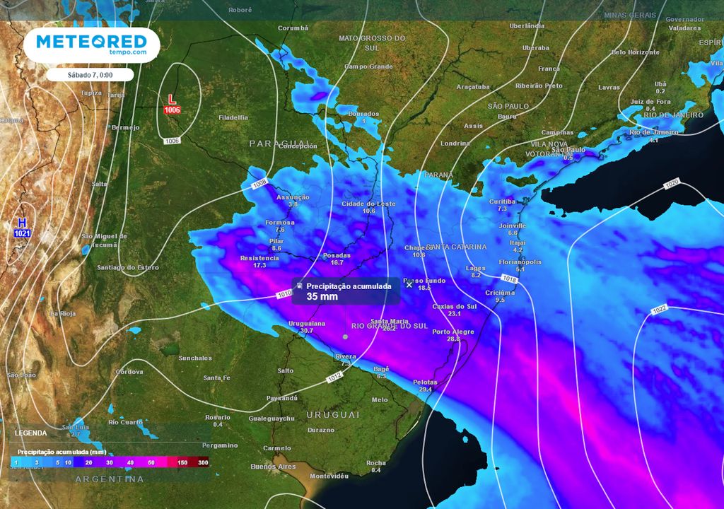 Previsão de acumulados totais de chuva até o final da semana.