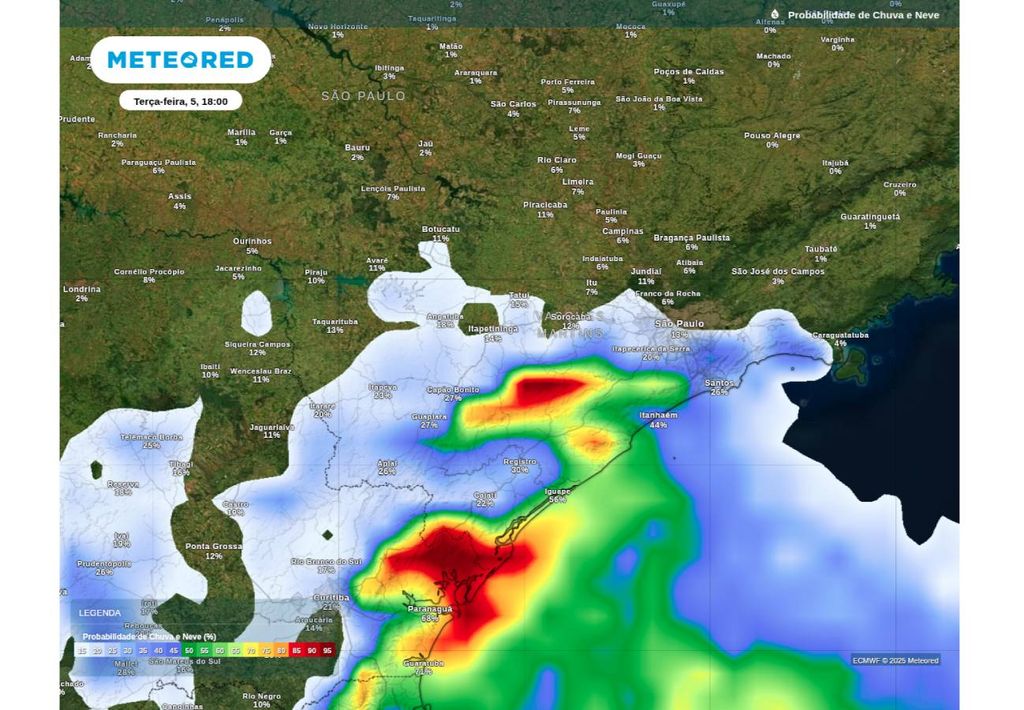 Previsão de probabilidade de chuva nesta terça-feira (5), de acordo com o ECMWF. Previsão de probabilidade de chuva nesta terça-feira (5), de acordo com o ECMWF.