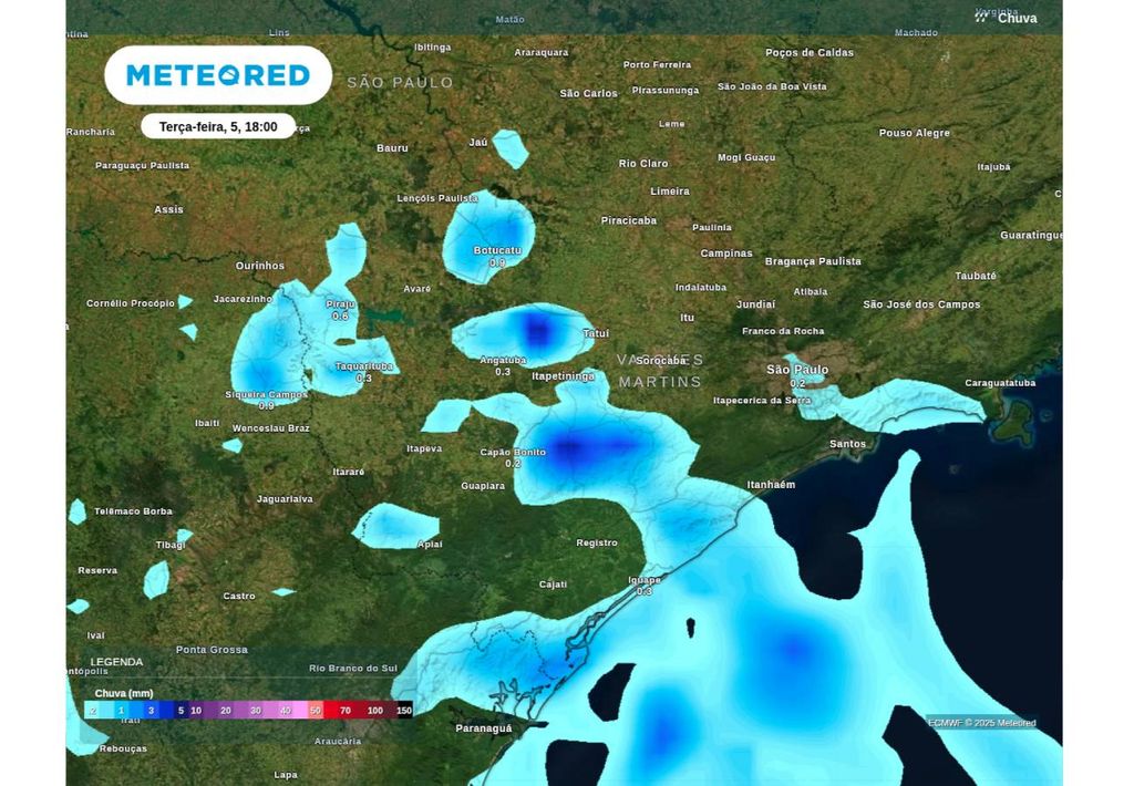 Previsão de chuva nesta terça-feira (5), de acordo com o ECMWF. Previsão de chuva nesta terça-feira (5), de acordo com o ECMWF.