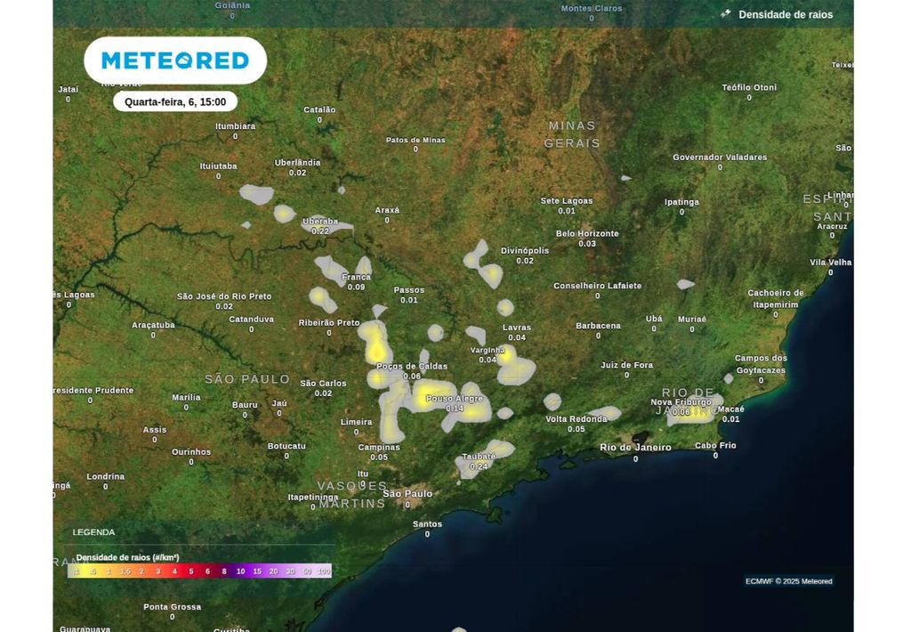 Previsão de tempestades na próxima quarta-feira (6), de acordo com o ECMWF. Previsão de tempestades na próxima quarta-feira (6), de acordo com o ECMWF.