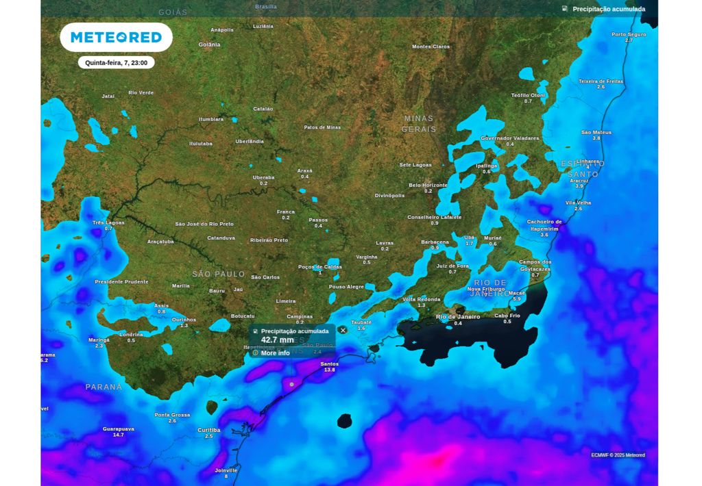 Previsão de chuva acumulada até quinta-feira (7), de acordo com o ECMWF. Previsão de chuva acumulada até quinta-feira (7), de acordo com o ECMWF.