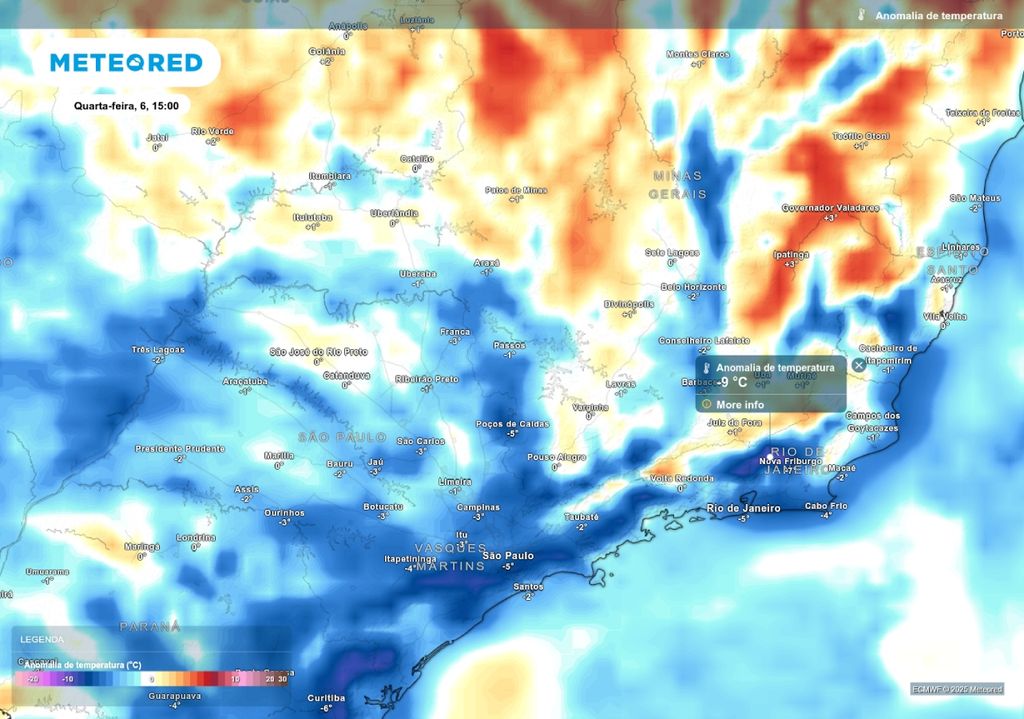 Previsão de anomalia de temperatura na próxima quarta-feira (6), de acordo com o ECMWF. Previsão de anomalia de temperatura na próxima quarta-feira (6), de acordo com o ECMWF.