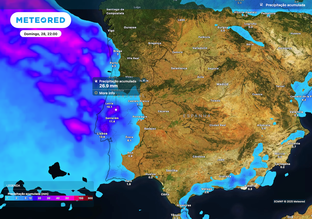 Precipitação acumulada até 26 mm no próximo domingo. Precipitação acumulada até 26 mm no próximo domingo.