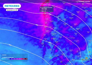 Tempo em Portugal até quinta, 4 de dezembro: uma sucessão de frentes deixará até 80 mm de chuva nestas regiões