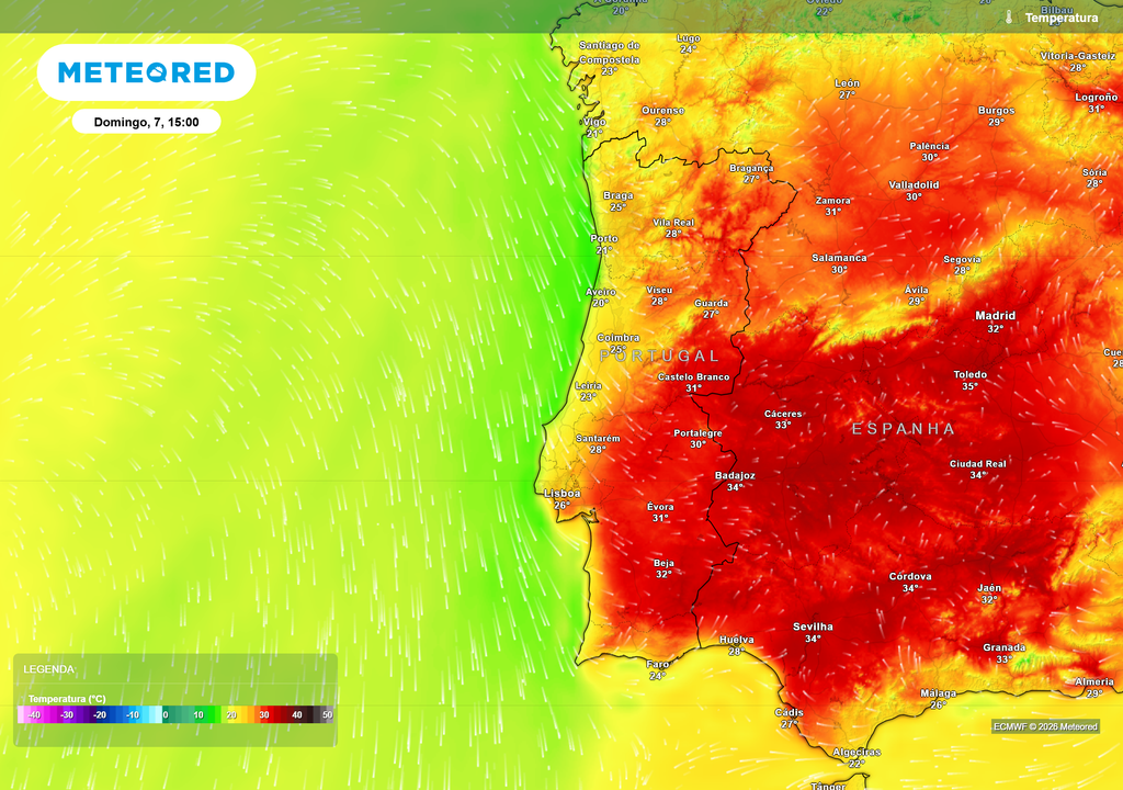 Temperatura No domingo regressam temperaturas mais elevadas ao interior do país. O Alentejo e o interior Centro poderão voltar a superar os 30 ºC, enquanto o litoral manterá um ambiente mais ameno devido à influência atlântica.
