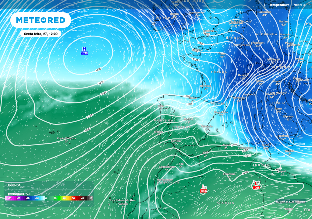 Na camada térmica dos 700 hPa os mapas revelam a intrusão de ar polar que varrerá grande parte da Europa, de norte para sul. Em Portugal continental este ar polar tendencialmente frio e seco associado ao fluxo de Nordeste passará de 'raspão', mas ainda assim terá a capacidade de provocar uma descida das temperaturas, especialmente no interior Norte e Centro.