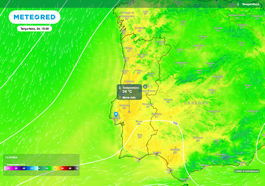 Algumas zonas do Centro-Sul do Continente, situadas em torno do vale do Tejo, irão registar temperaturas máximas a rondar 24/25 ºC no arranque da semana. Mapa de previsão da temperatura às 15:00 de terça-feira, 24 de março, em Portugal continental.