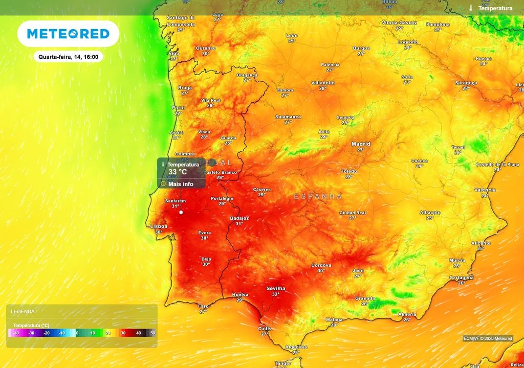 temperatura do ar à superfície Com temperaturas máximas esperadas na ordem dos 33 ºC, quarta-feira poderá ser o dia mais quente da semana, contando também com as anomalias mais pronunciadas, com desvios positivos de até 11 ºC.