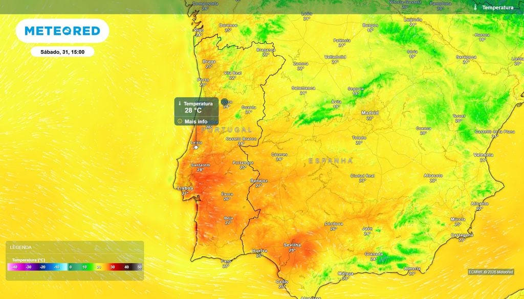 temperatura do ar à superfície Até ao último dia deste mês de outubro é esperada uma subida gradual e generalizada dos termómetros. Entre sexta e sábado, várias cidades podem atingir os 28 ºC de máxima.