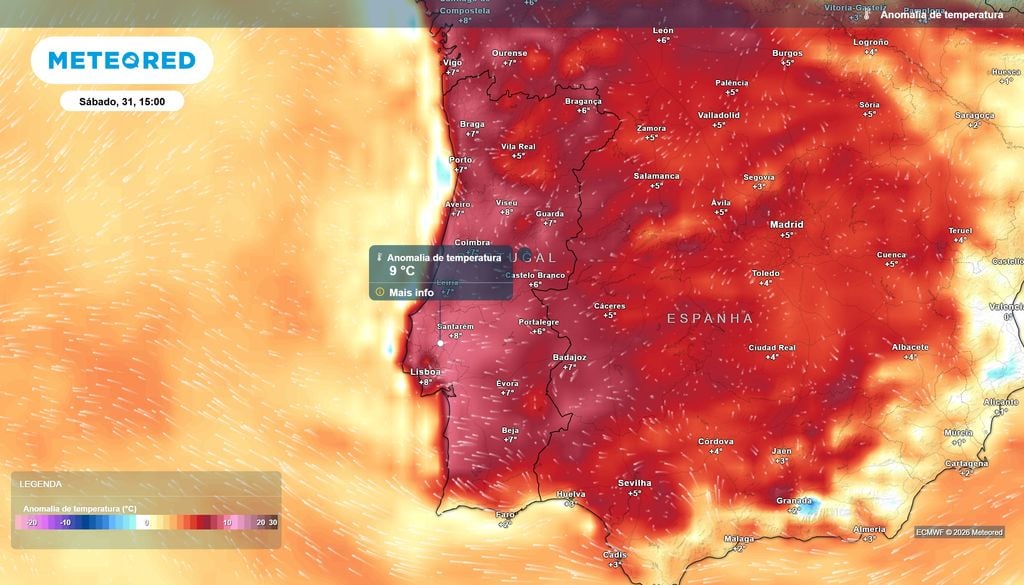 anomalia térmica A partir de quinta-feira as anomalias térmicas positivas voltam a intensificar-se de forma evidente em todo o país. No sábado, estas podem ser de até 9 ºC acima da média.