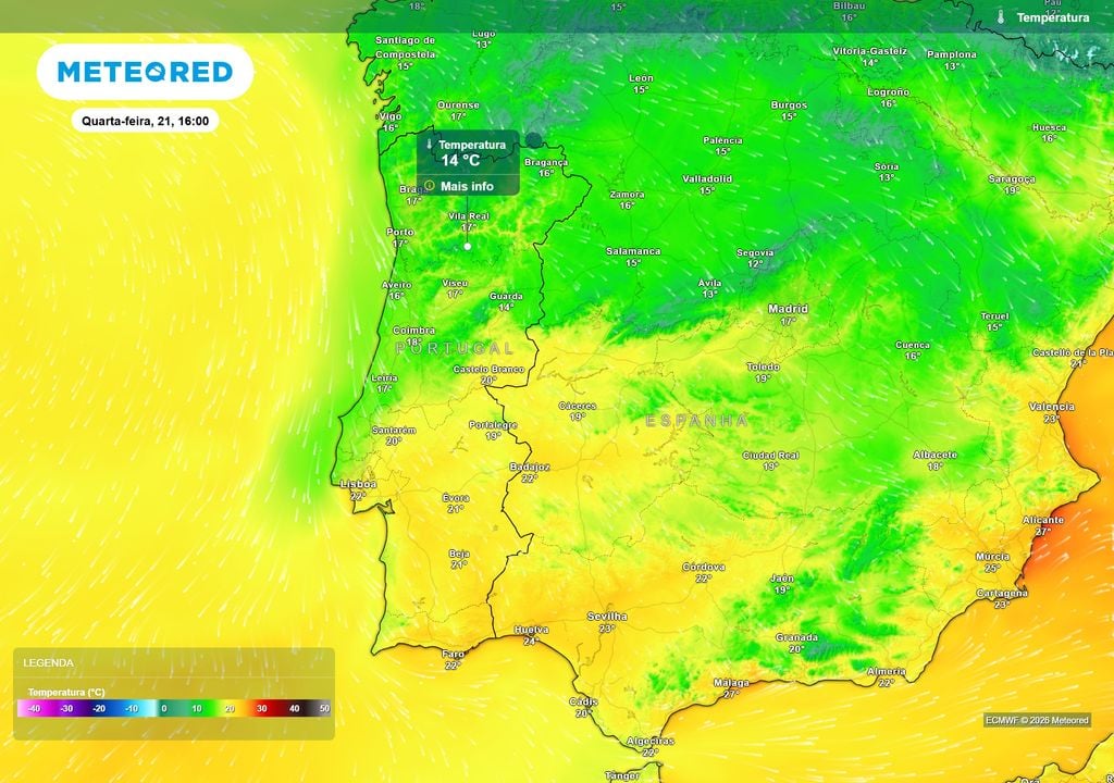 temperatura do ar à superfície Ao longo desta semana a maior parte das capitais de distrito das regiões Norte e Centro não deverão alcançar os 20 ºC de temperatura máxima.
