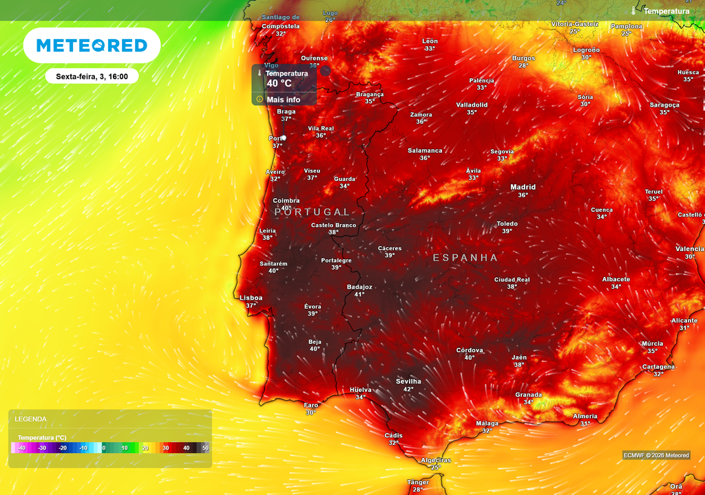 Na sexta-feira, vários locais do litoral Norte e Centro poderão registar valores de temperatura máxima iguais ou superiores a 40 ºC, contribuindo para anomalias térmicas bastante evidentes.
