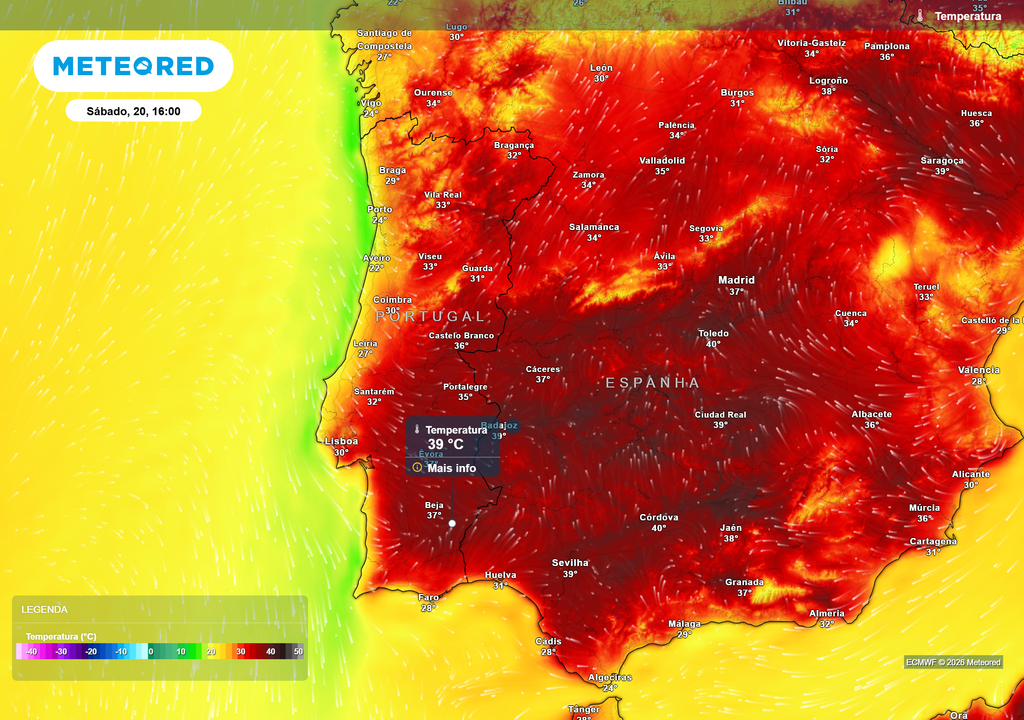 temperatura do ar à superfície São esperados valores próximos dos 40 ºC no fim de semana. As temperaturas vão subir de forma gradual, especialmente no interior e sul do país entre hoje, segunda-feira, e sábado, dia 20.