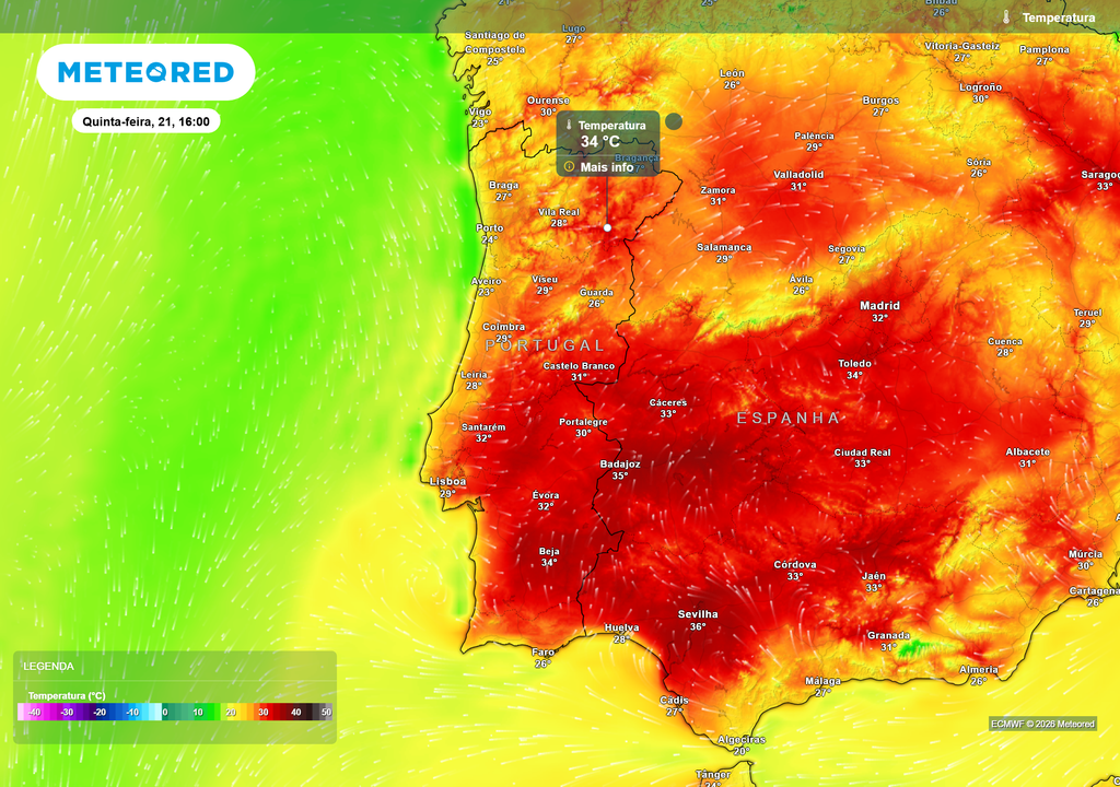 A próxima quinta-feira, dia 21 de maio, poderá ser um dos dias mais quentes do país, com valores até 34 ºC/ 35 ºC nas zonas habitualmente mais quentes.