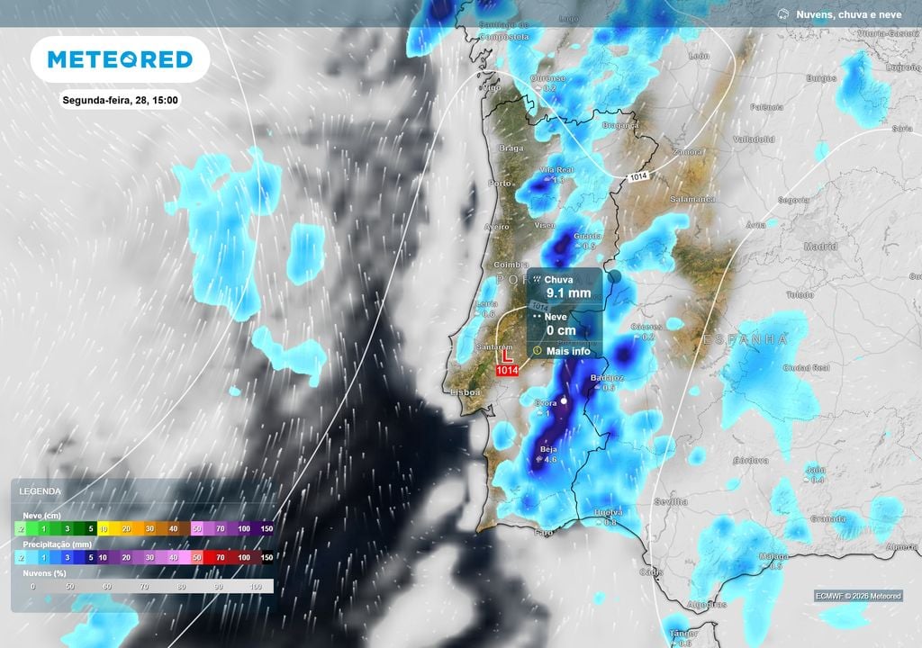 Precipitação A chuva regressará na segunda-feira, podendo ser mais significativa no Sul durante a tarde e estendendo-se posteriormente a outras regiões do território.
