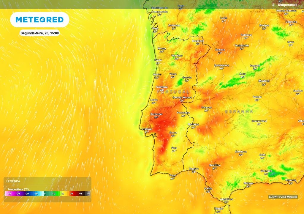 Temperatura A nebulosidade e a precipitação limitarão as temperaturas em várias regiões, enquanto Lisboa e o Vale do Tejo poderão ainda registar valores próximos dos 30 ºC.
