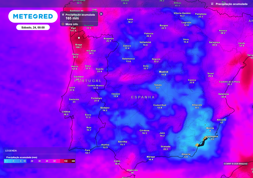 Até à meia-noite do próximo sábado, dia 24, os acumulados de precipitação poderão ultrapassar os 160 mm no noroeste do país.