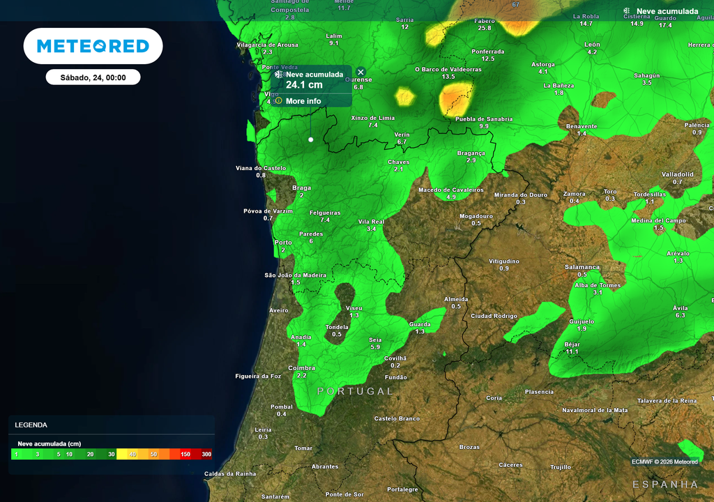 Ainda que este cenário pareça um pouco irrealista, especialmente pela área que ocupa, os nossos mapas apontam para queda de neve intensa, especialmente entre sexta e sábado, podendo resultar em acumulações até 24 cm.