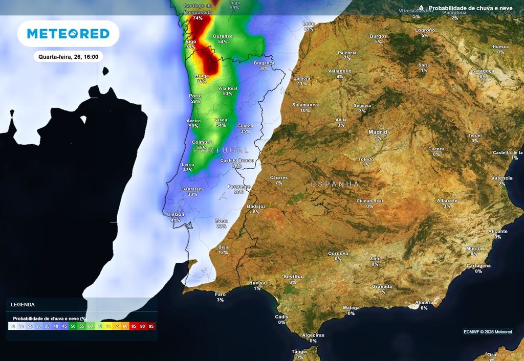 Possível distribuição geográfica da probabilidade de precipitação para a próxima quarta-feira, 26 de agosto.