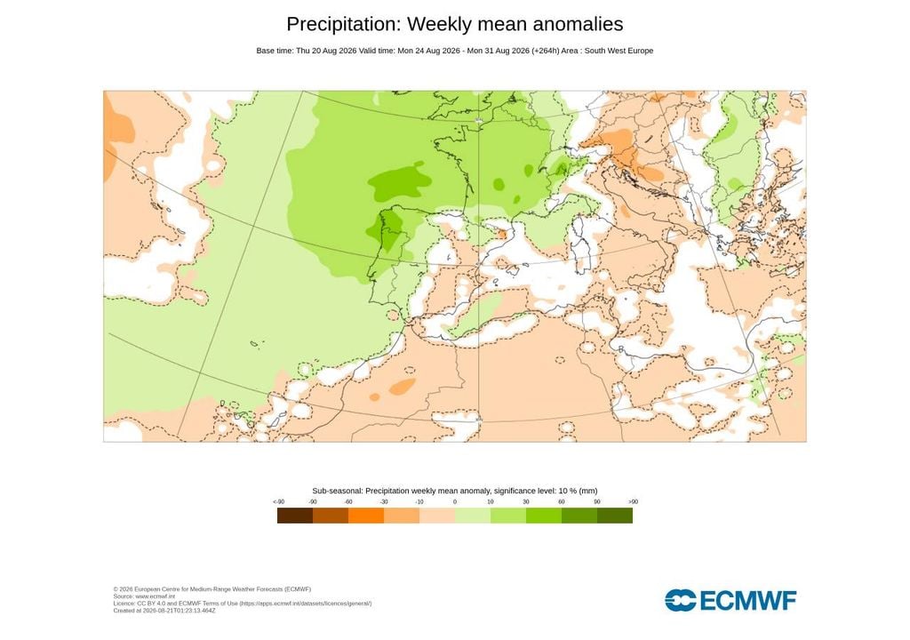 As anomalias de precipitação previstas para a última semana de agosto evidenciam valores claramente acima da média climatológica de referência, com o sinal positivo (país 'manchado' em tons de verde) a reforçar a consistência de uma semana que se prevê tendencialmente chuvosa, algo invulgar num mês de verão como o de agosto.