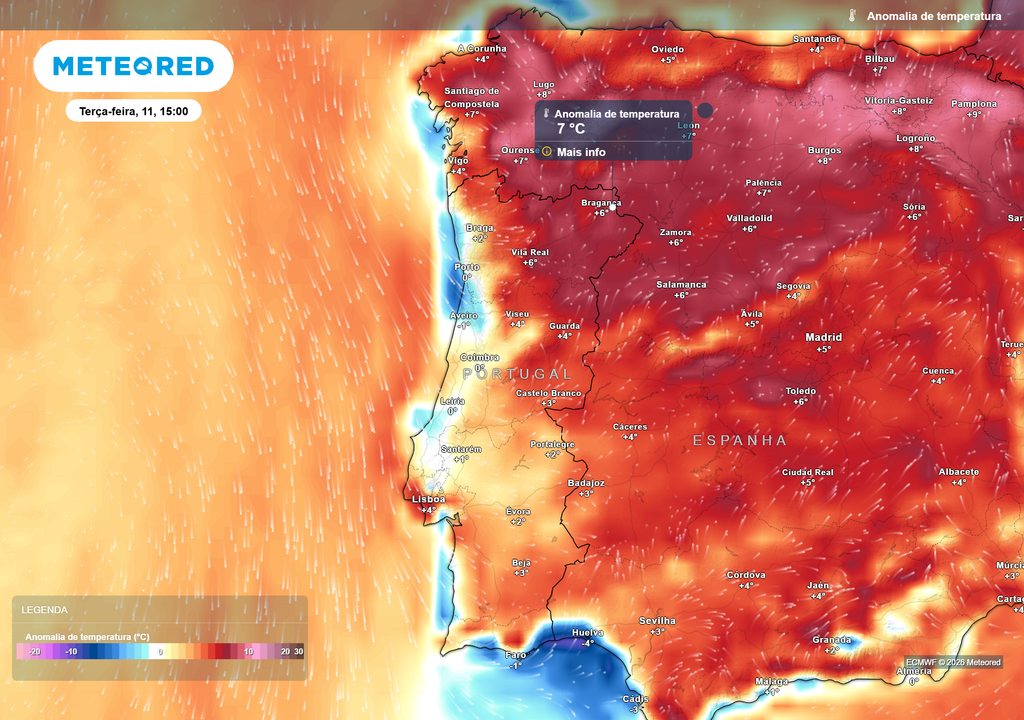 Na véspera do eclipse, o Interior Norte deverá registar as maiores anomalias térmicas, enquanto o litoral continuará mais próximo da média graças à influência do Oceano Atlântico.