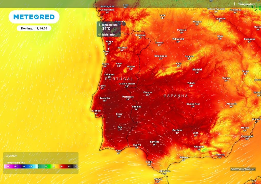temperatura do ar à superfície As temperaturas vão subir de forma gradual e generalizada, levando as cidades mais próximas ao mar a atingir valores acima dos 30 ºC, como podemos observar neste mapa, referente às 16h de domingo.
