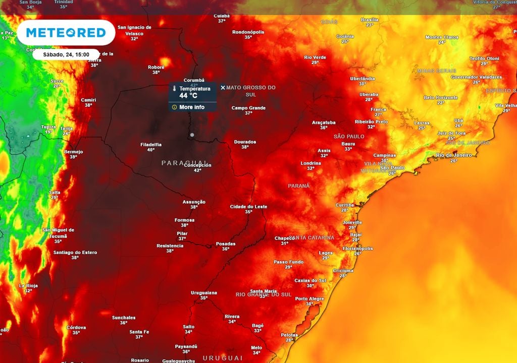 Previsão de temperaturas máximas no sábado durante a tarde. Previsão de temperaturas máximas no sábado durante a tarde mostra que diversos municípios do Mato Grosso do Sul registrarão temperaturas superiores a 40°C (cores acinzentadas).