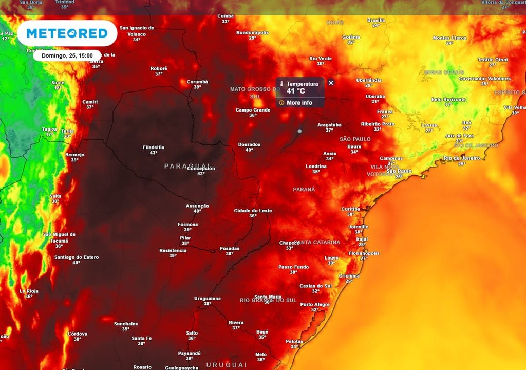 Previsão de temperaturas máximas no domingo durante a tarde. Previsão de temperaturas máximas no domingo durante a tarde mostra que diversos municípios do centro-sul brasileiro registrarão temperaturas de 40°C ou mais (cores acinzentadas).