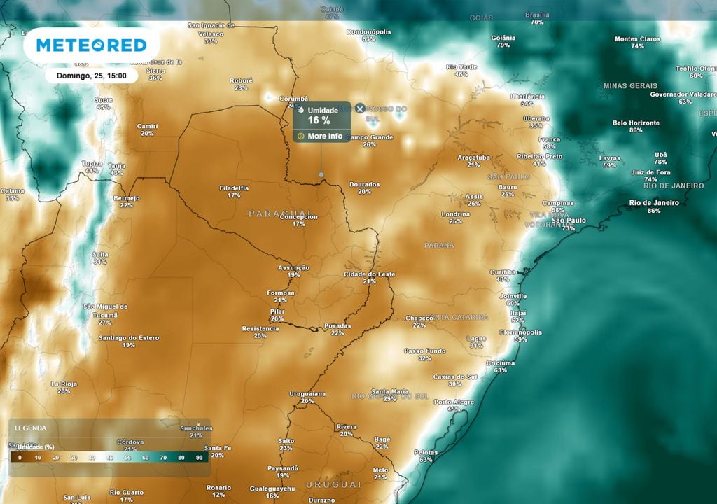 Previsão de umidades relativas mínimas no centro-sul do Brasil durante o domingo de tarde. Previsão de umidades relativas mínimas no centro-sul do Brasil durante o domingo de tarde mostra que as URs podem atingir valores inferiores a 20%, caracterizando situação de emergência.